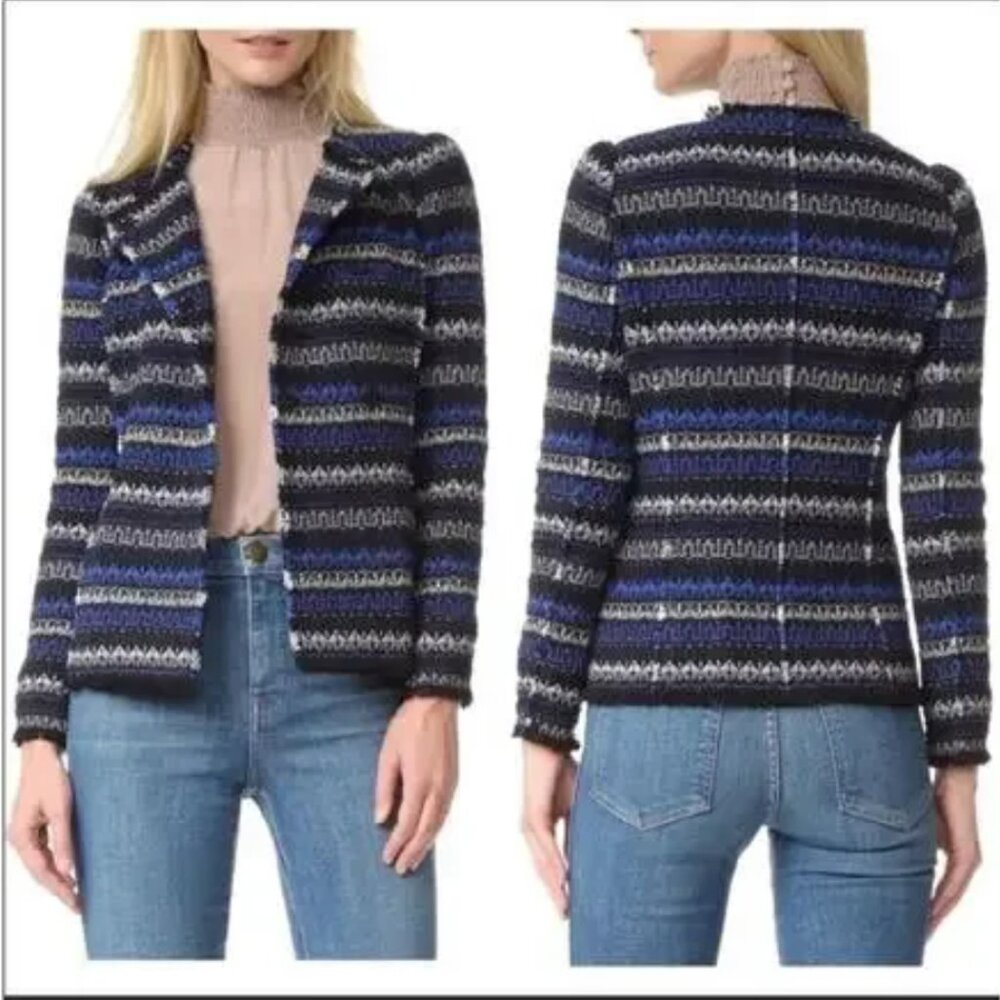 Rebecca Taylor fringe tweed jacket woven blue double breasted blazer blue stripe